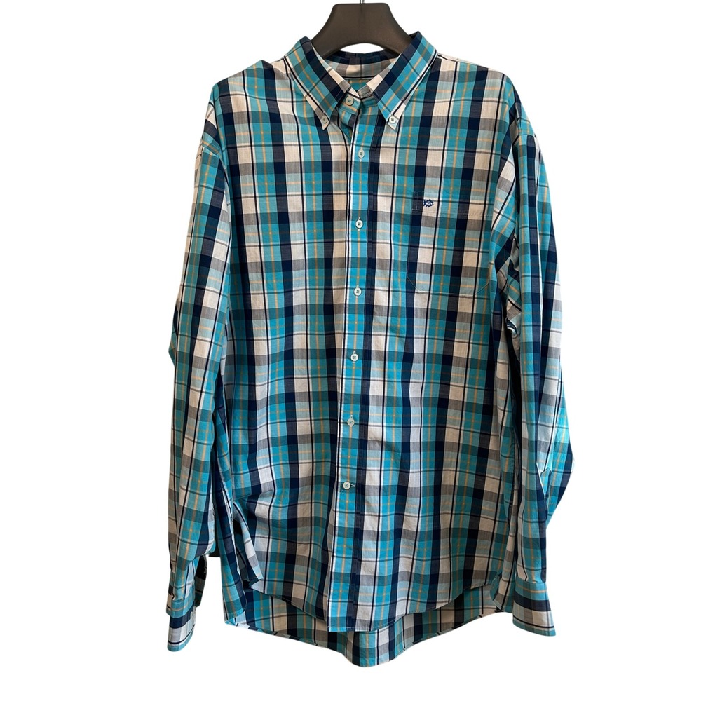 Southern Tide Mens XXL Classic Fit Plaid Button Down Shirt Blue Teal Cotton